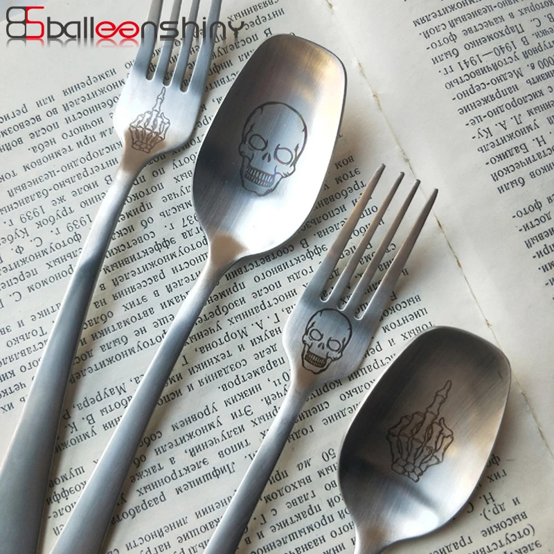 

BalleenShiny Skeleton Skull Printed Spoon Forks Flatware 304 Stainless steel Spoons Coffee Tea Honey Spoon Scoop Gift Tableware