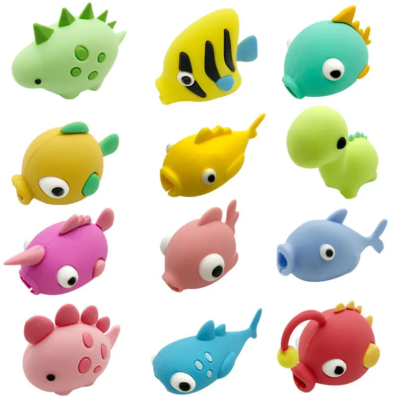 

Silicone Data Cable Bite Protector Cute Animal Chompers Fish Dinosaur Doll Model Cable Cord Wire Winder Protection Phone Holder