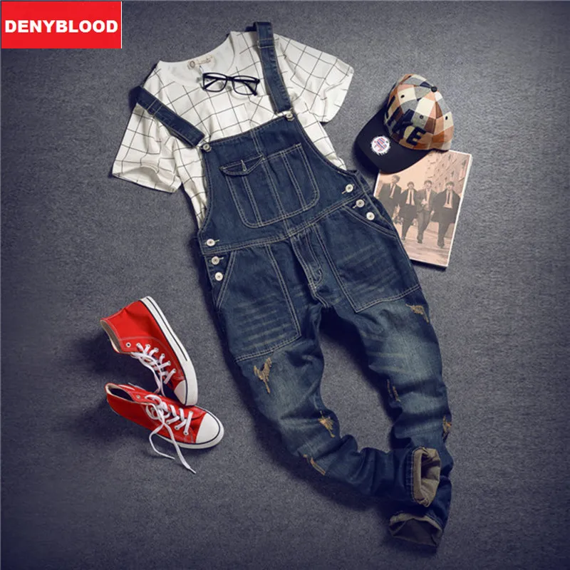 Mens Distressed Jeans Ripped Jumpsuit Denim Overalls Men