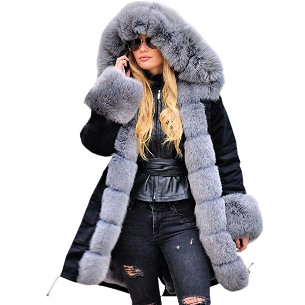 

KLV M-3XL Womens Casual Long Sleeves Solid Polyester Faux Fur Winter Jacket Parka Hooded Coat Fishtail Black Overcoat z1126