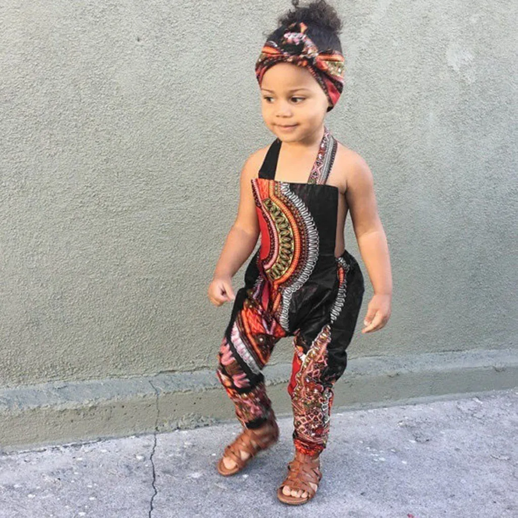 MUQGEW Toddler Kid Baby Girl African Print Sleeveless Romper Hair Band