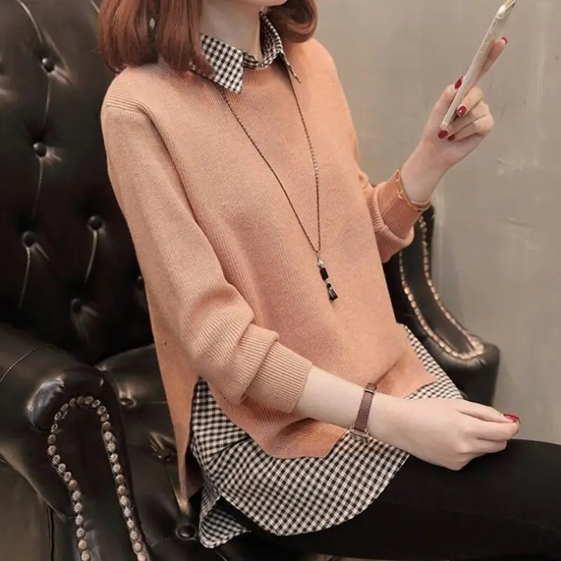 Весенний свитер женский из двух частей свободный корейский свитер рубашка костюм куртка свитер длинный рукав+ рубашка без рукавов