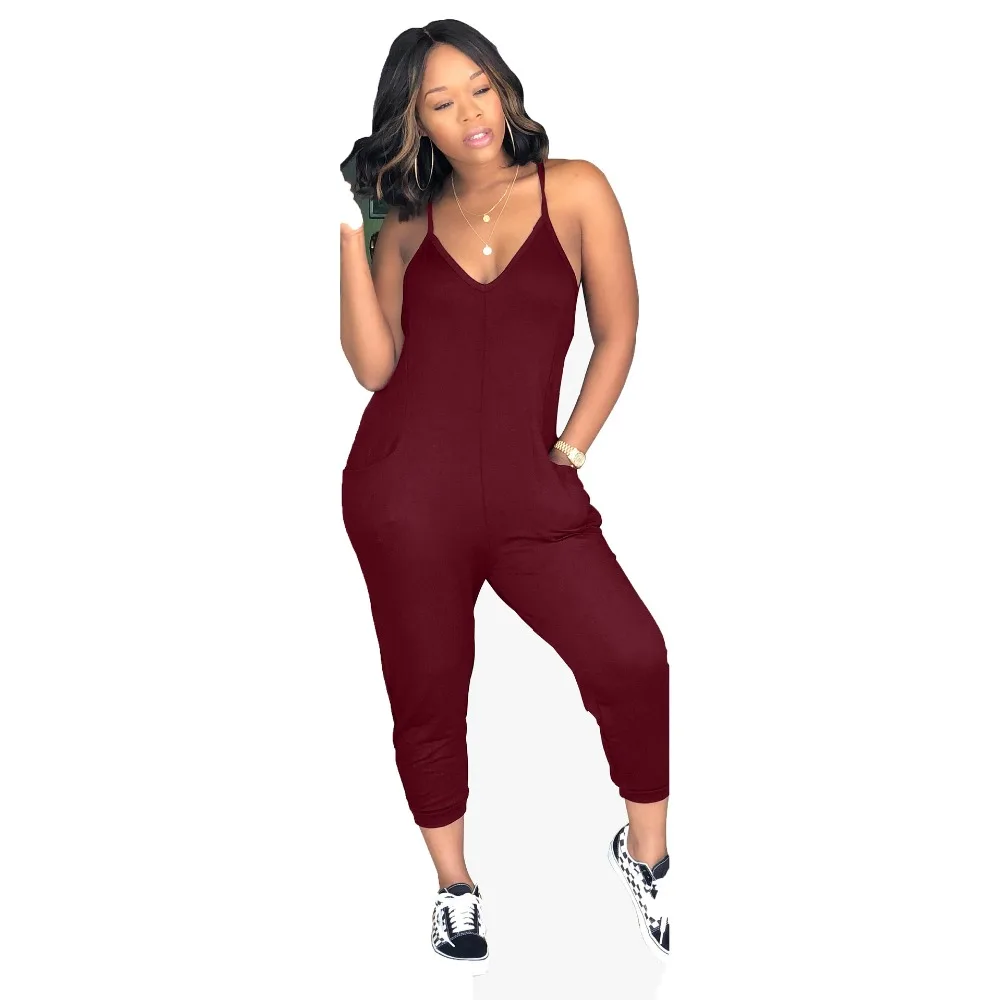 Casual Pockets Female Long Playsuit Tank 2018 Sleeveless Summer Bodysuits Sexy Spaghetti Strap V Neck Women Jumpsuits Plus Size
