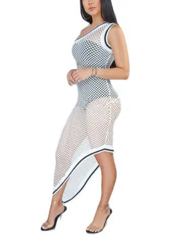 

Solid Color Large Size Webbing Hollow Perspective Sexy Nightclub Irregularity Dress 2019 Lady Summer Sleeveless Sheath