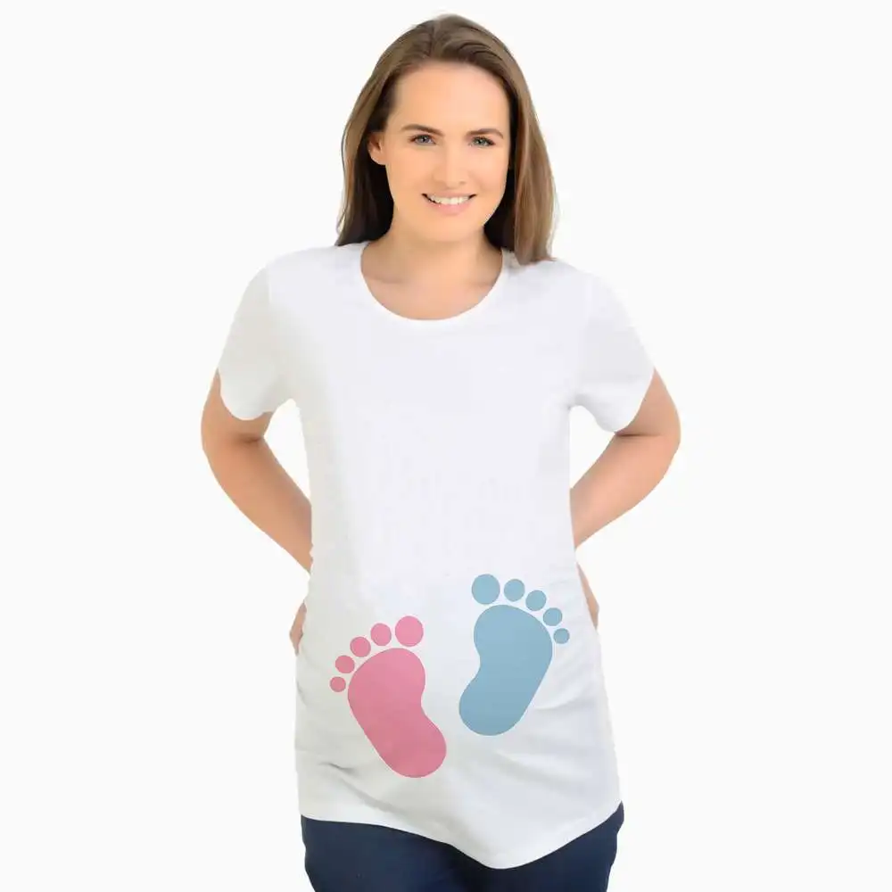 Летние женские футболки для беременных топы для беременных размера плюс с детскими следами Одежда для беременных S-XXL