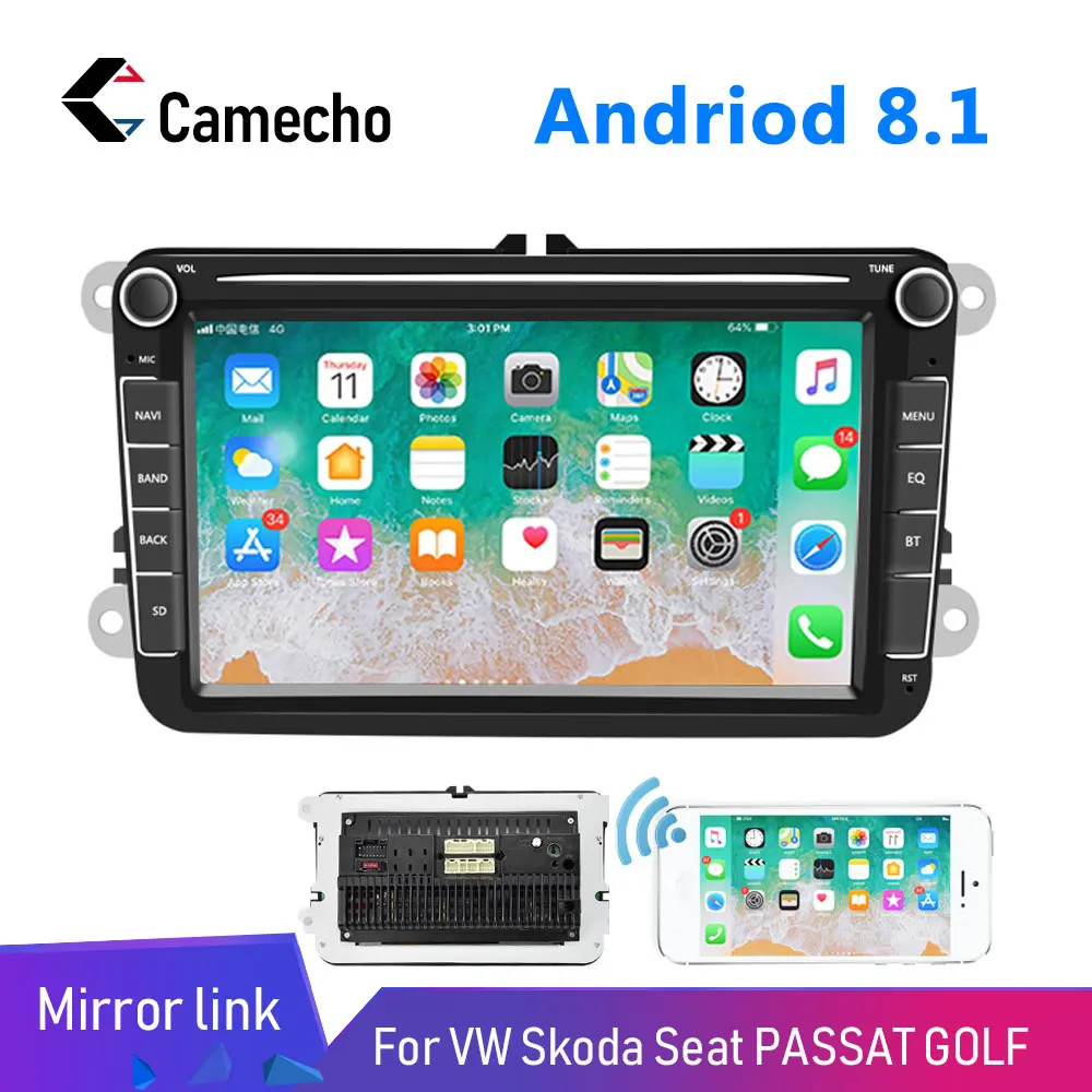 Top Camecho 2Din Android 8.1 Car Multimedia Video Player Bluetooth Stereo GPS Navigation WIFI Autoradio For GoLf Caddy Touran Sharan 0