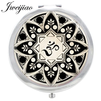 

JWEIJIAO Yoga Mandala Symbol Makeup Mirror Chakra Henna Glass Cabochon Floding Round compact pocket Mirror espejo