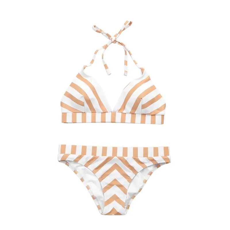 

Women Sexy Two Piece Bikini Set Halter Deep V-Neck Triangle Bra Low Waist Thong Boho Geometric Wide Stripes Printed Swimsuit Con