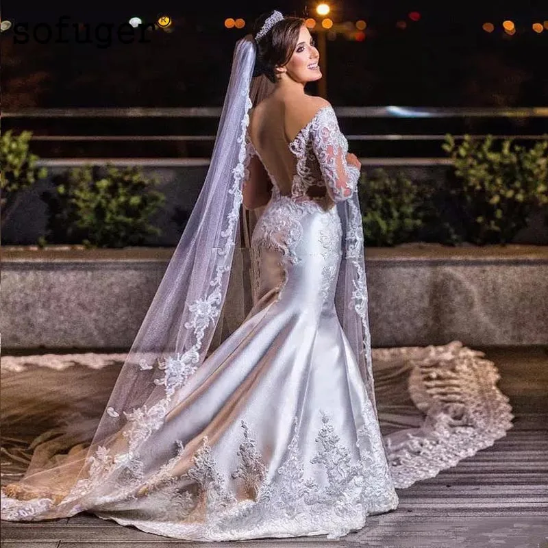 

Luxury Satin Lace Appliques Plus Size Wedding Dresses Long Sleeves Off The Shoulder Backless Bridal Gowns Wedding Gown