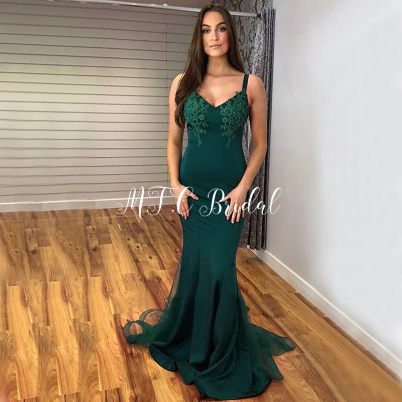 

New 2019 Dark Green Backless Evening Dress V Neck Spaghetti Strap Mermaid Arabic Prom Gowns Custom Made Vestido De Fiesta Cheap