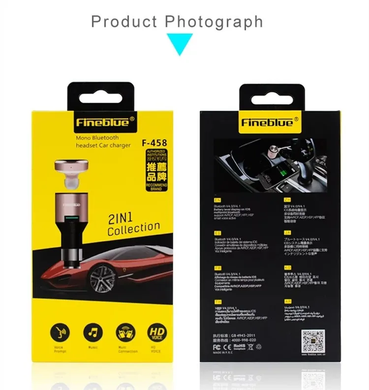 Fineblue F-458 Bluetooth 4.0 Mono Stereo Headset and Car Charger 2 In 1 Wireless Noise Cancelling Earphone with Mic for Driving(22)