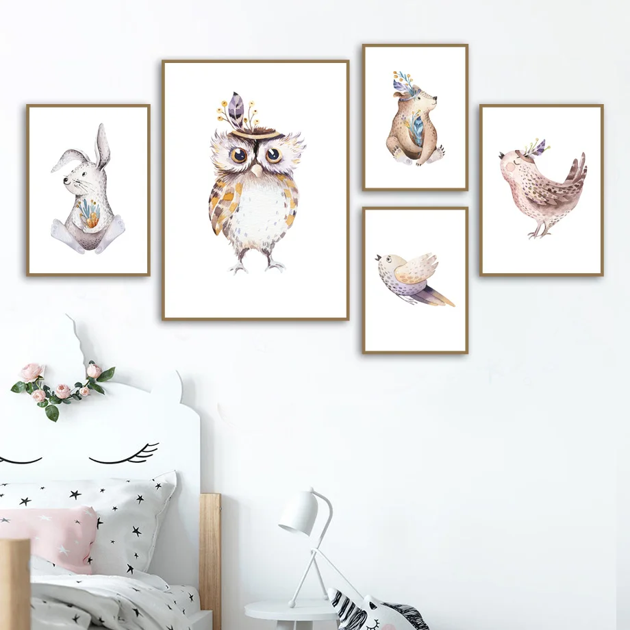 Watercolor-Indian-Owl-Fox-Rabbit-Deer-Bear-Nordic-Posters-And-Prints-Wall-Art-Canvas-Painting-Wall