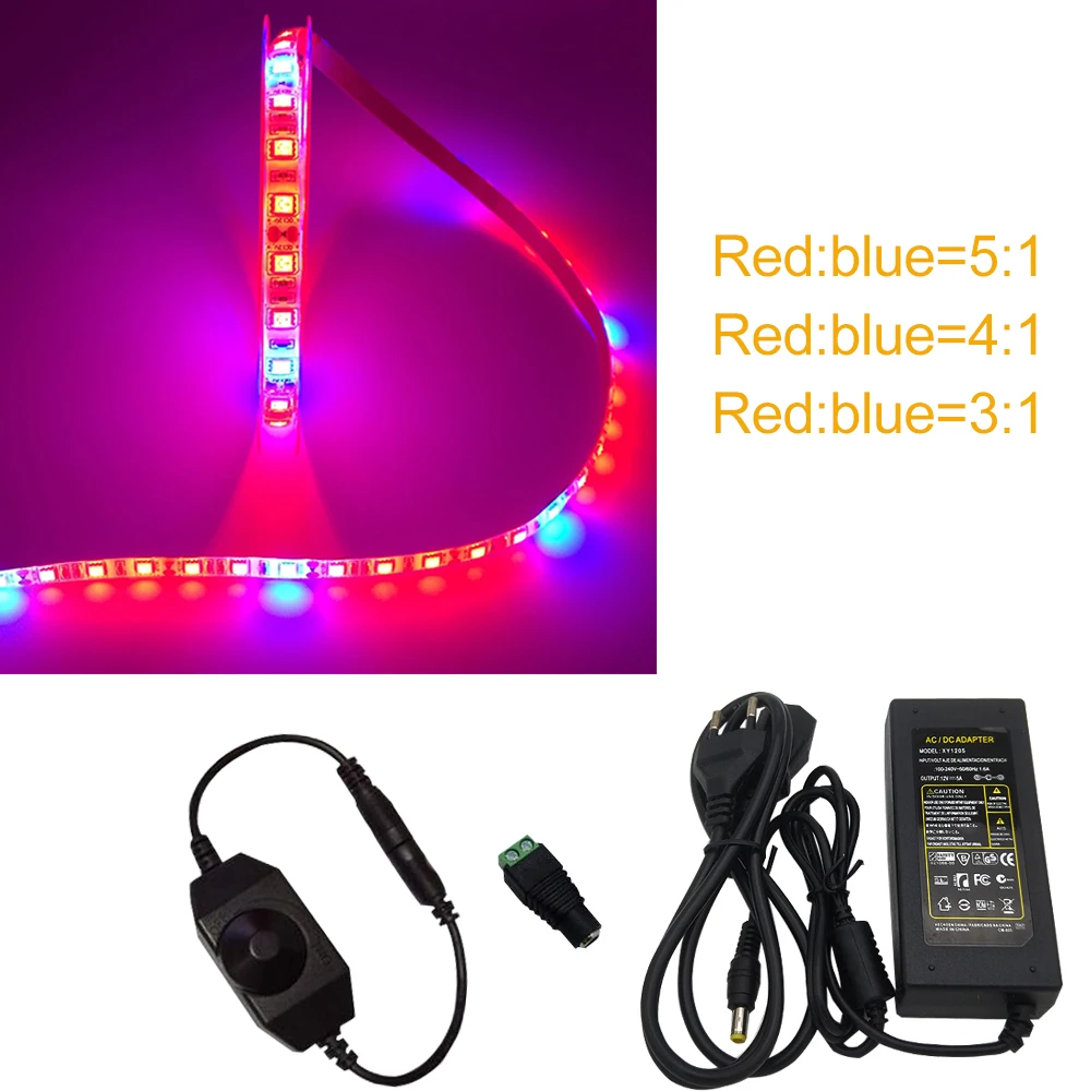 

5050 Grow LED Strip Tape 5: 1 3Red 1 Blue Aquarium Hydroponic Greenhouse Plant Grows Lamp 60led / m + dimmer + DC 12V 5A Power