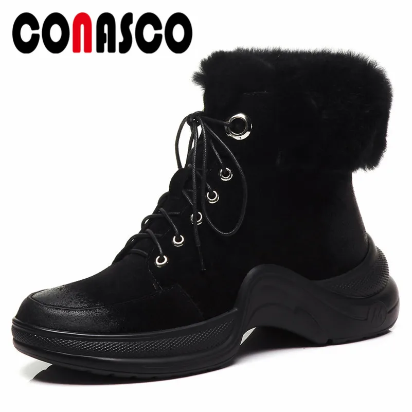 

CONASCO New Women Cow Suede Ankle Boots Lace Up Warm Short Winter Snow Shoes Woman Platforms Punk Dancing Shoes Casual Boots