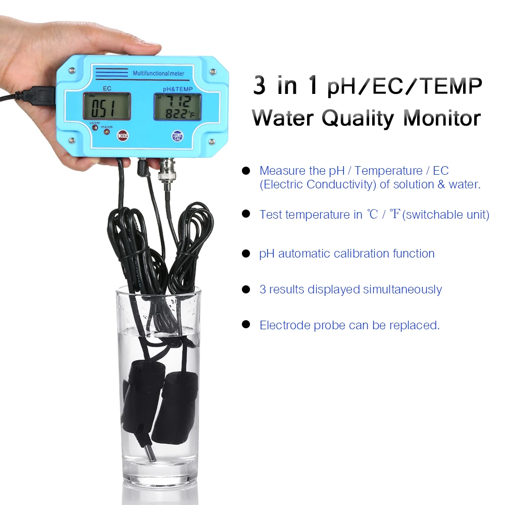

New Digital 3 in 1 Water Quality Monitor Detector with EC Electrode pH/EC/TEMP Meter LCD Tri-Meter Multi-function Tester