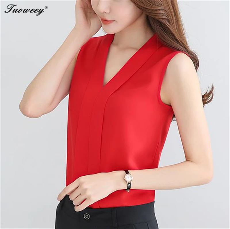 

Blusas Femininas 2018 New Fashion Summer style red Chiffon Blouse Women Solid Sleeveless Blouses Shirts Casual Chiffon Shirt