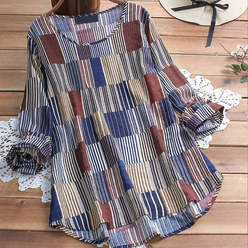 Womens Plaid Print Tunic Long Sleeve Shirt Blouse O-neck Curved Hem Loose Shirts Tops Female 2021 Summer Casual Blouses Women | Женская