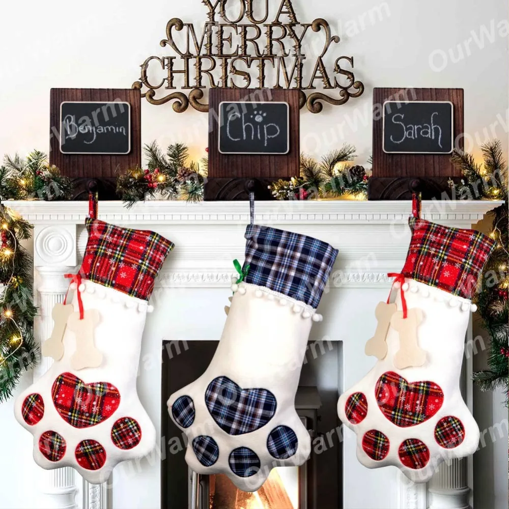 OurWarm Rustic Christmas Stocking Holders New Year DIY Wood Chalkboard Stocking Hanger for Mantel Christmas Decoration