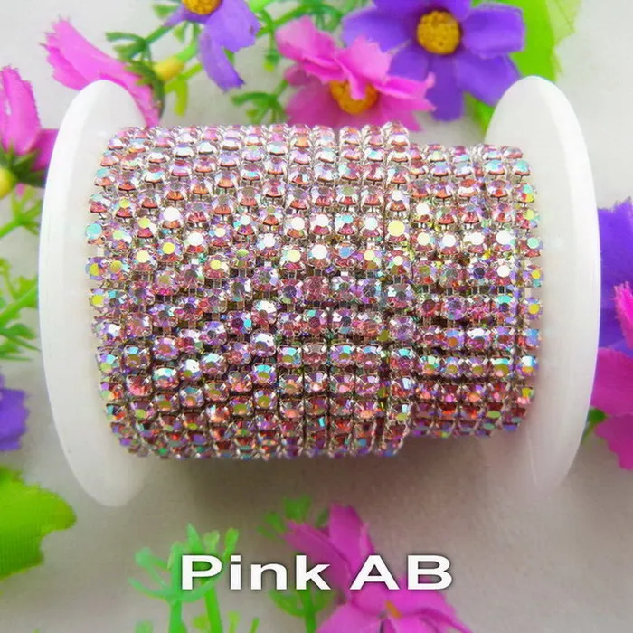 A36 Pink AB Серебряная основа коготь 5 ярдов/R высокая плотность ss6 2 мм ss8 2,5 мм ss10 2,8 мм ss12 3 мм SS16 4 мм стразы на цепочке для пришивания клея на отделке - Цвет: A36 Pink AB