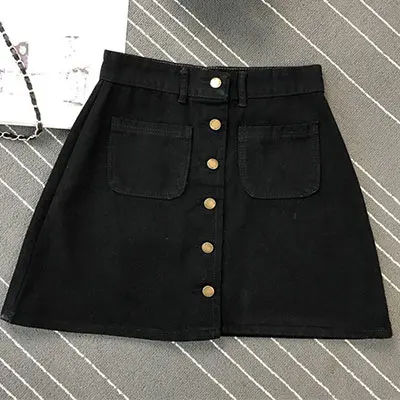 Однотонные короткие джинсовые юбки трапециевидной формы с высокой талией, Женская Повседневная мини-юбка на пуговицах с карманами, летняя женская модная простая джинсовая юбка - Цвет: black