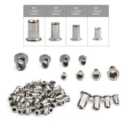Ensemble d'écrous à rivets en acier inoxydable, 50 pièces, tête plate en aluminium zingué M3 M4 M5 M6 M8 M10, outil d'écrous à rivets multi tailles 