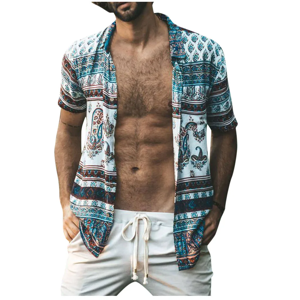 Summer Blue Slim Hawaiian Printed Men's Clothing New European Style Short Sleeve Shirt Men Brand Hem Loose Casual Shirts