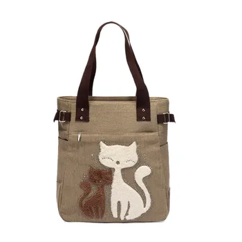 

New Fashion Women's Handbag Canvas Bag With Cute Cat Appliques Portable Causal Ladies Small Bags Best Sale-WT