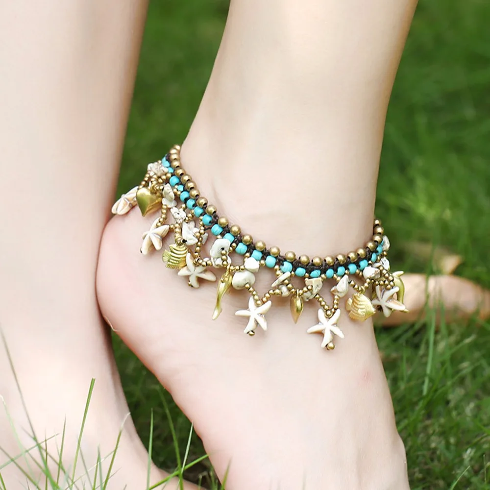 Onnea богемный Летний Пляжный многоцветный ретро ножной браслет для женщин Морская звезда медный колокольчик Плетеный ножной браслет бижутерия для ног