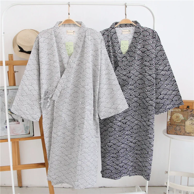 Japanese Kimono Men Bathrobe Long Sleeve Cotton Yukata Robe Autumn
