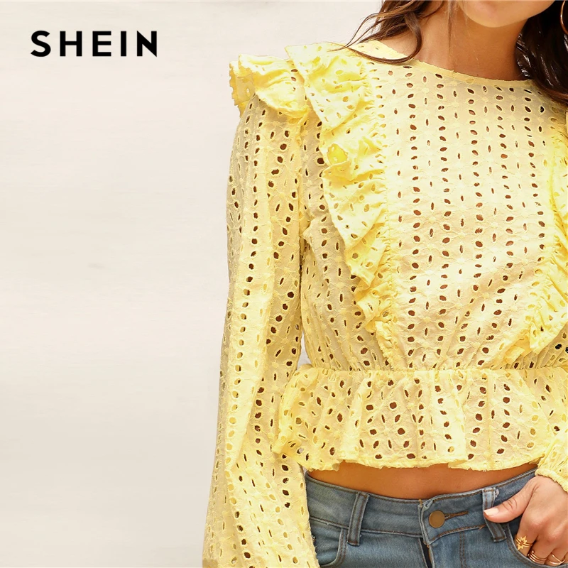 SHEIN Однотонный Топ С Оборками Женские Элегантные Кружевные Блузки С Длинным Рукавом
