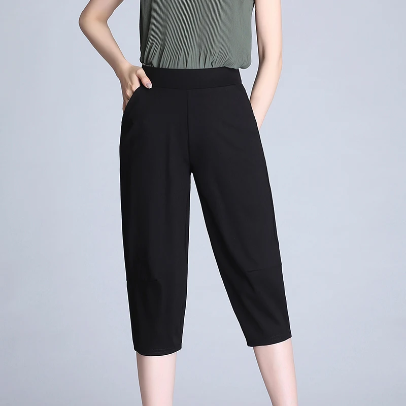

2019 Women Summer Solid Black Harem Pants Loose Calf-Length Trousers Female Elastic Waist Capris Pants Plus Size 6XL