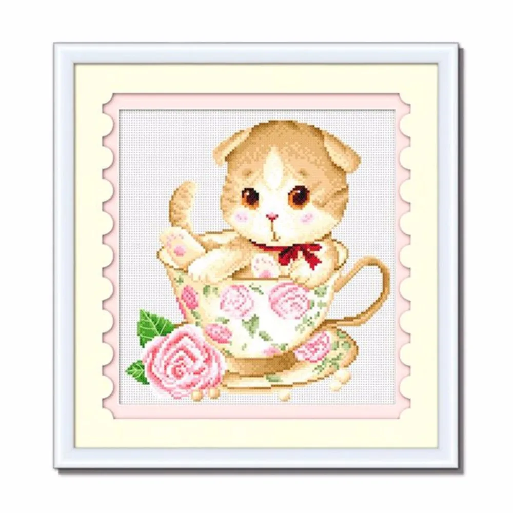 SewCrane Stamped Cross Stitch Kit, Cat in Cup, 15.0 x 15.0 inchesin