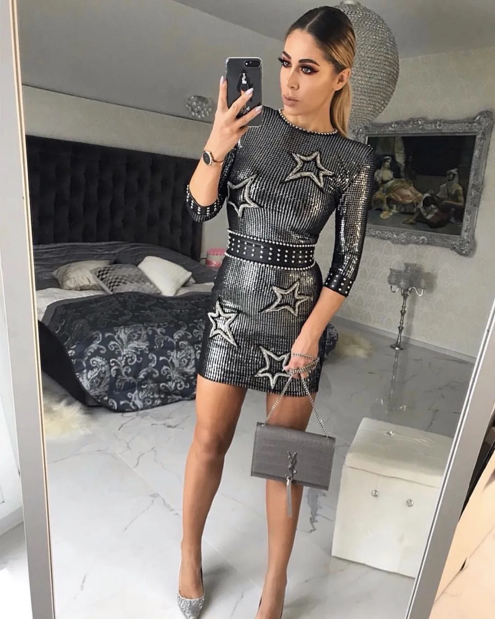 

O-neck Sequined Rivet Stars Hot Sale Fashion Elegant High quality DRESS Sexy Club Pub Celebrity Body Con Dresses Wholesale