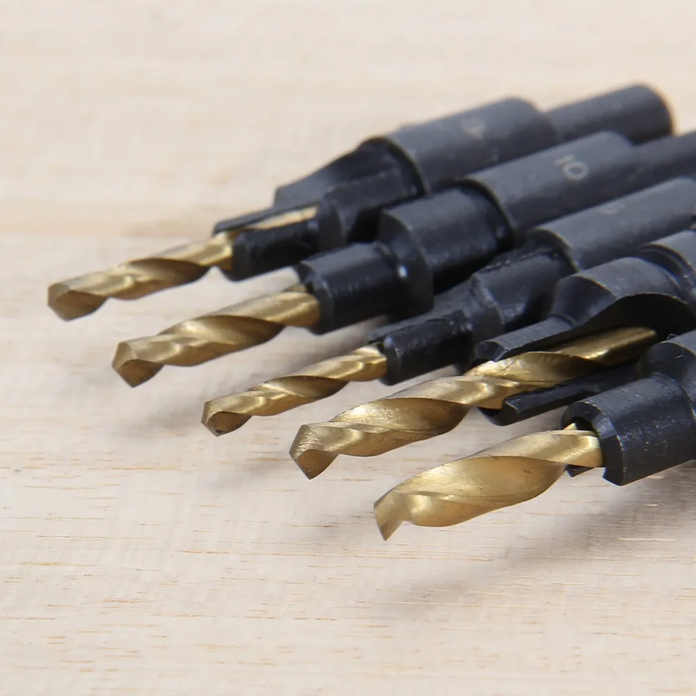 5pcs Hex  Hss Woodworking Ti Countersink Drill Bit Set Wood Countersinks Screw Size #6 #8 #10 #12 #14 High Quality Hot Sale