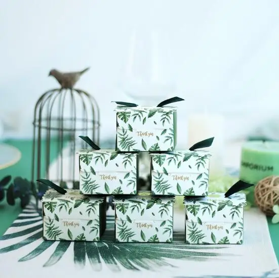 

100Pcs White & Green Monstera deliciosa Leaves Thank you Wedding Favors Candy Boxes Giveaways Box Chocolate Box Party Gift Box