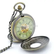 Roman Numerals Skeleton Hollow Case Steampunk Pocket Watch With Chain 2 Sides Open Case Luxury Brand Mechanical Pocket Watch