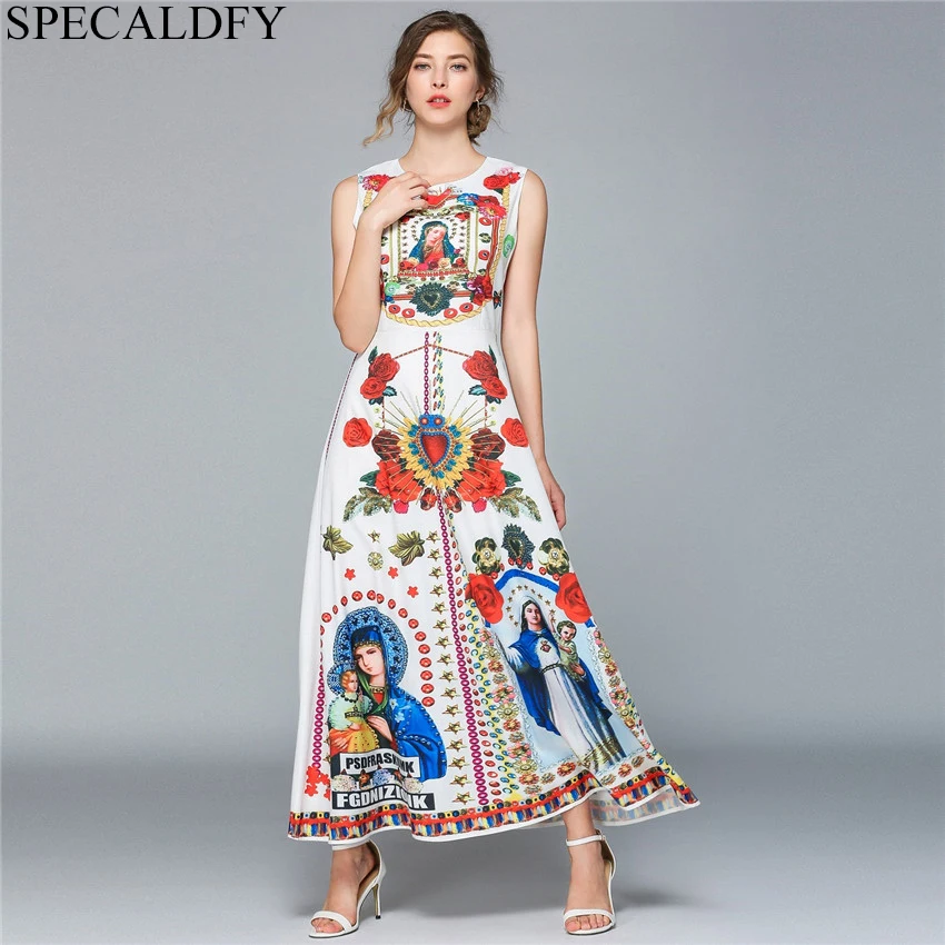 

2019 Runway Dress Summer High Quality Dress Women Vintage Baroque Dress Long Sleeveless Sundress Vestidos Robe Femme