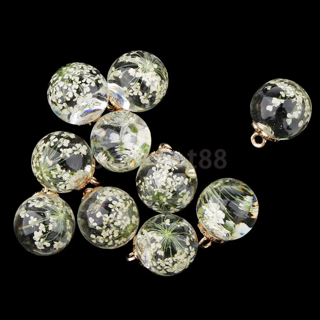 10pcs Dried Flower Glass Ball Pendant with Flower Cap DIY Earring Dangle Craft Findings Loose Beads