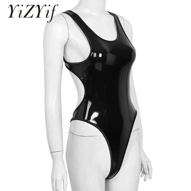 Женские цельные боди эротичные Wetlook из искусственной кожи без рукавов с открытой