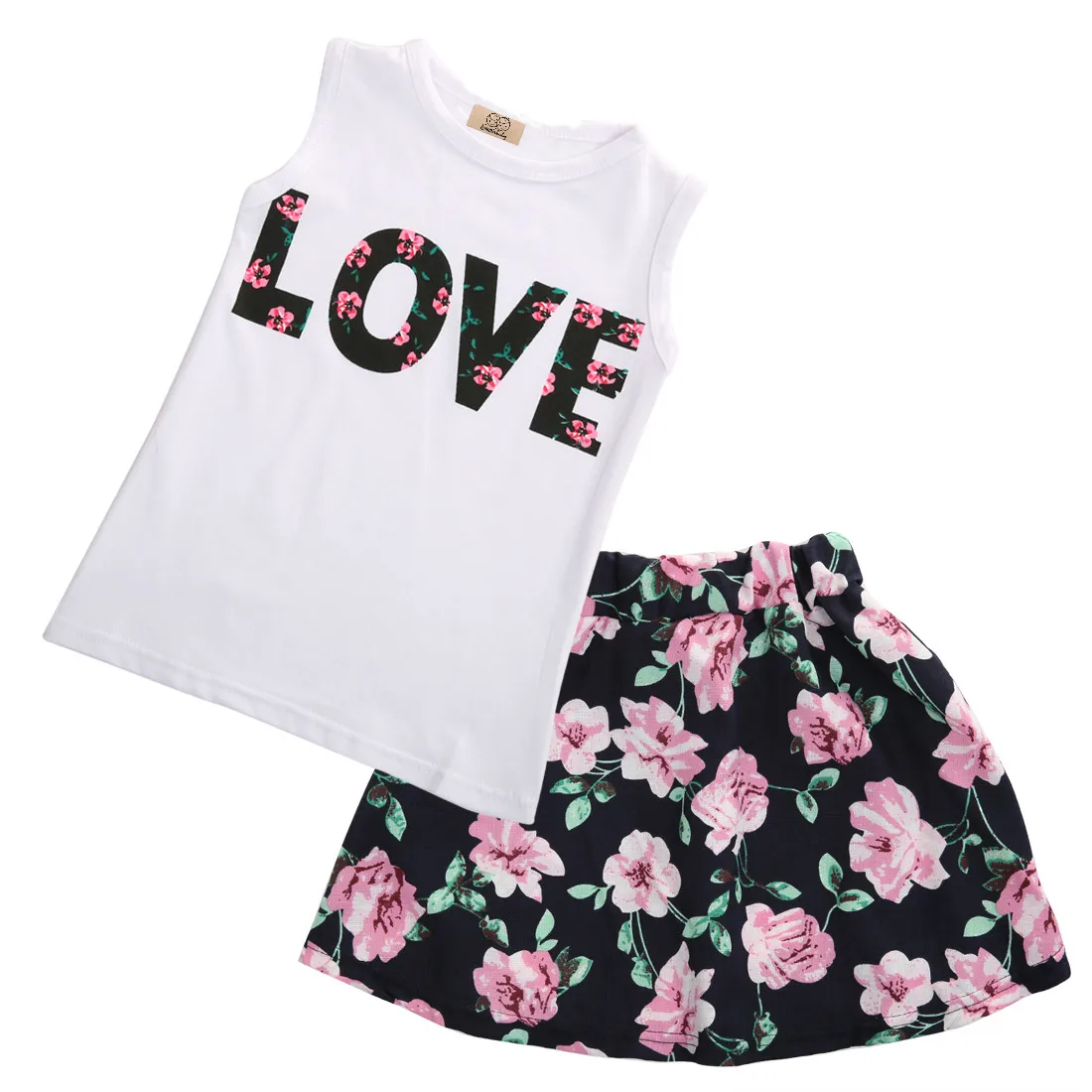 

2-7years Summer Kids Baby Girls clothes Love Casual Tank Tops + Floral Skirt Children Clothing Sets Roupas Infantis