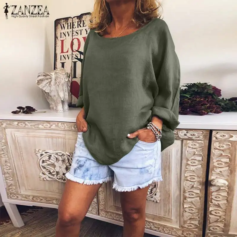 Plus Size Women Casual Solid Blouse ZANZEA Female Long Sleeve Thin Shirt Loose Cotton Tunic Ladies Outwear Tops Blusas Chemise