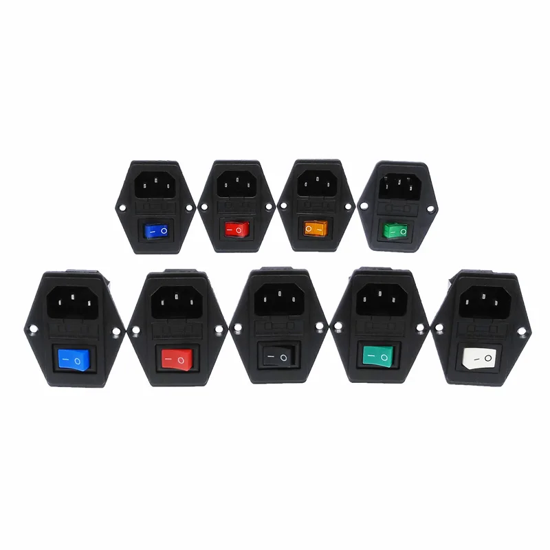 

Power Rocker Switch Fuse Red Light 2Pin 3Pin 4Pin C14 Inlet AC Power Sockets Switch Connector Plug 10A 250V Green Blue Yellow
