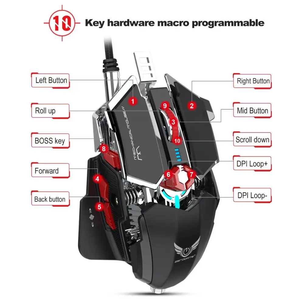 ZERODATE LD-MS500, регулируемая, 4000 dpi, RGB дыхательный светильник, игровая мышь, профессиональная Механическая игровая мышь, эргономичная игровая мышь