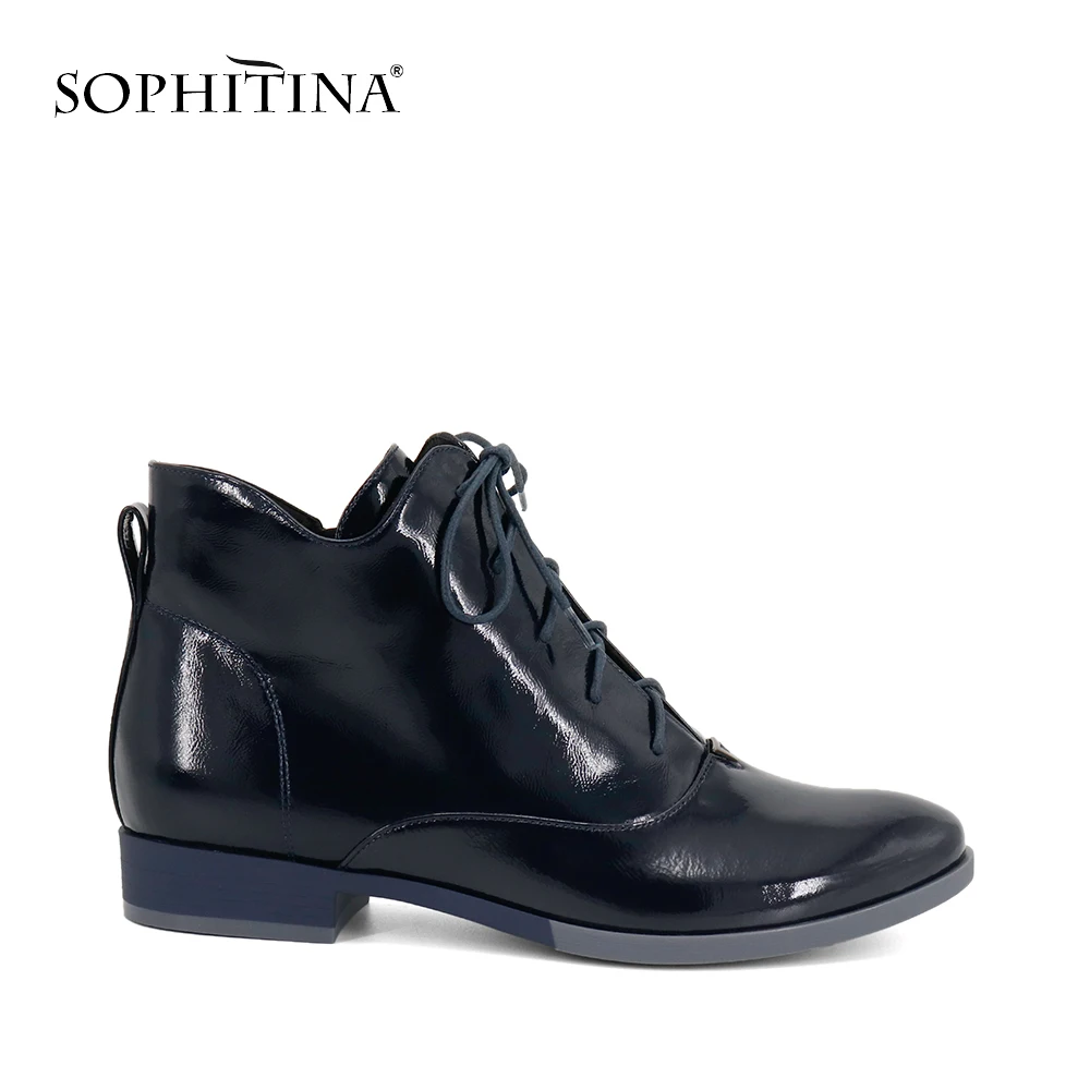 

SOPHITINA 2018 Autumn Woman Ankle Boots Dark Blue Patent Leather Soft Low Heel Lace-up Shoes Solid Casual Lady Martin Boots B20