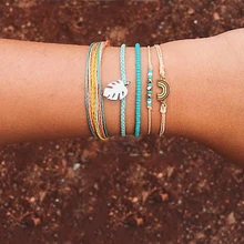 4 шт./компл. Для женщин Мода красочные винтажный кожанный браслет бусина в виде листьев Радужная подвеска многослойный браслет набор Комбинации