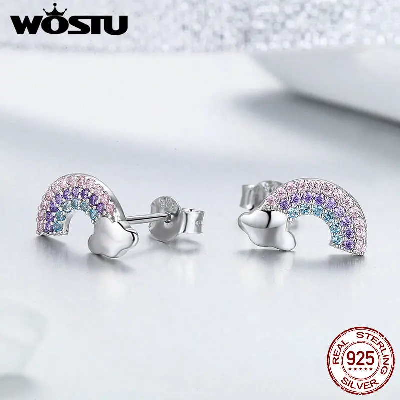 WOSTU переливчатая Радуга любви серьги гвоздики 925 пробы серебро Красочные Циркон маленькие серьги для женщин хорошее ювелирное изделие FIE578