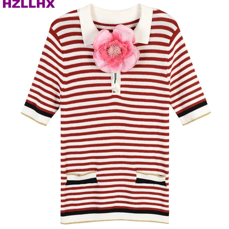 HZLLHX Clássico listras brancas vermelhas tuen down collar + nove comprimento calças largas calças perna mulheres set ice malha t shirt + calças das mulheres terno