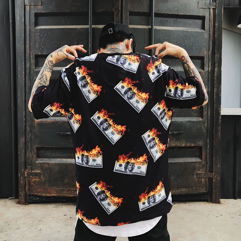 

Dollar Burning Print Hip Hop Tee shirt black Fashion O-Neck Short Sleeve Clothing US Size