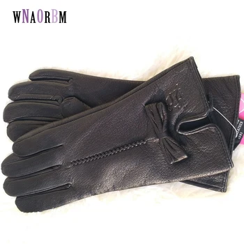 

2020 New ladies gloves leather winter warm fluff ladies soft female Buckskin gloves high quality gloves