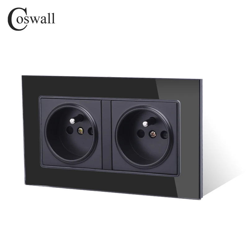 Coswall Black 16A Double French Polish Wall Socket Crystal Glass Panel